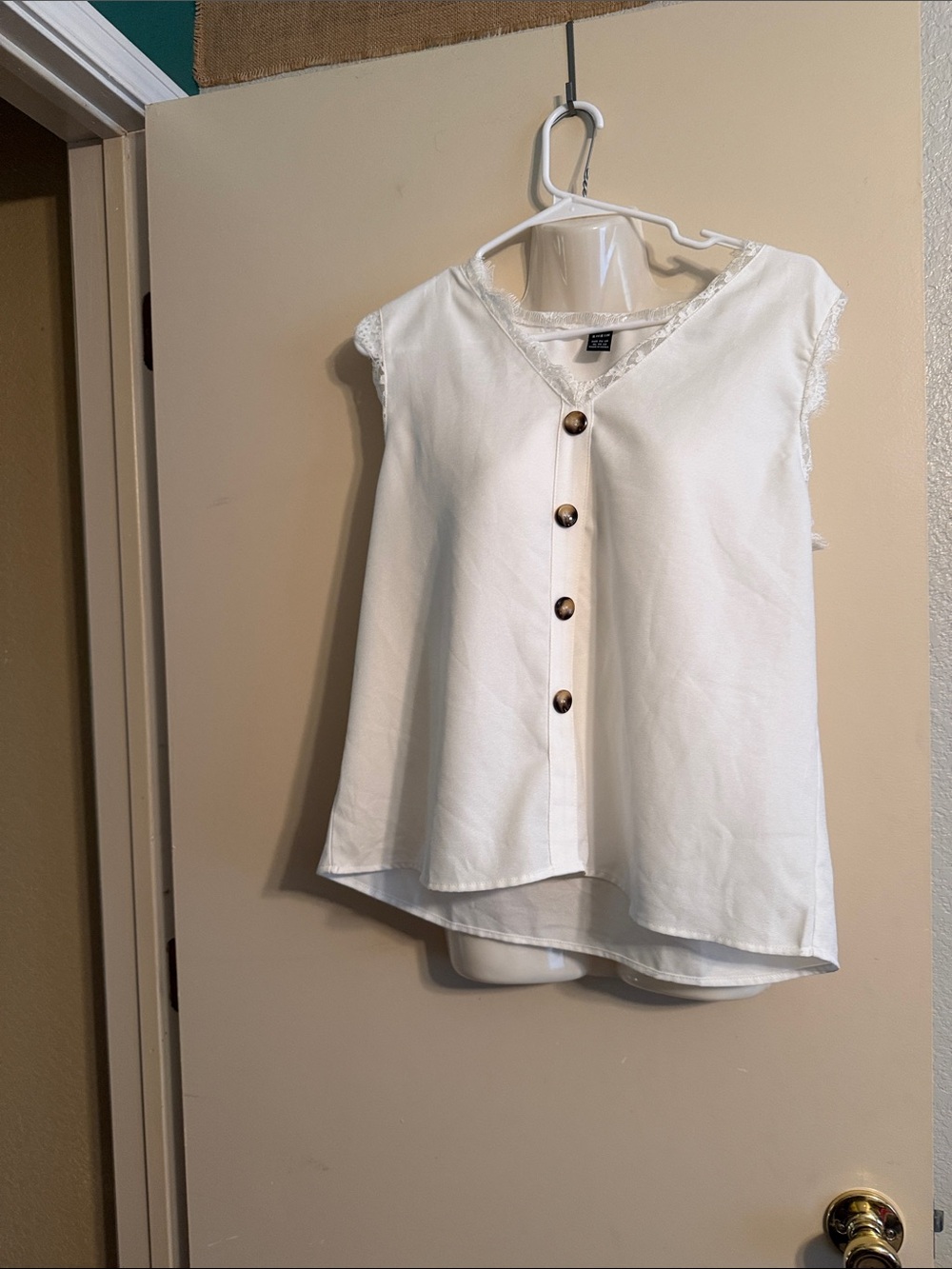 SHEIN White Lace-Trim Button Front V-Neck Blouse